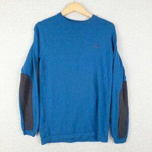 Fred Perry Sweater Mens Small Blue Wool Crew Knit Stretch Preppy Logo